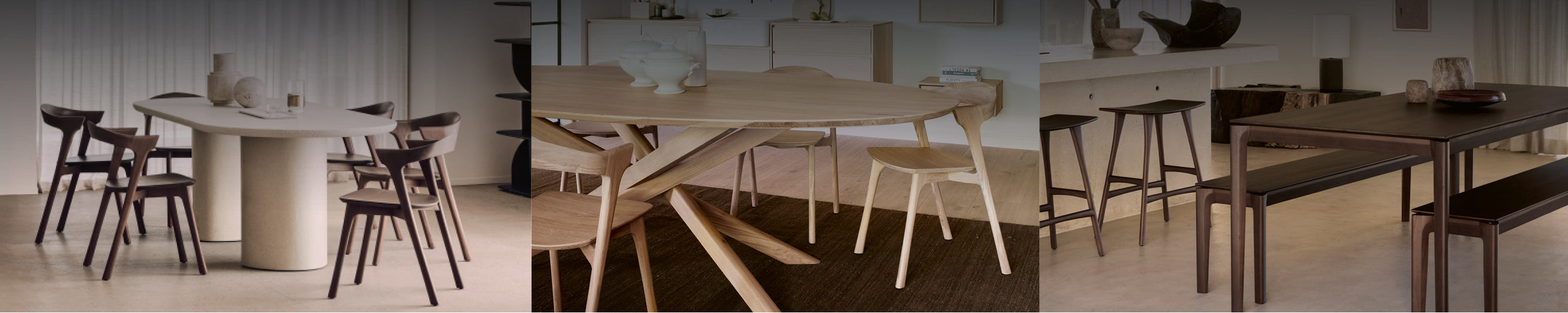 Drei Ethnicraft Esstische mit passender Bestuhlung aus Holz und mit Betonoptik   für moderne Wohnräume