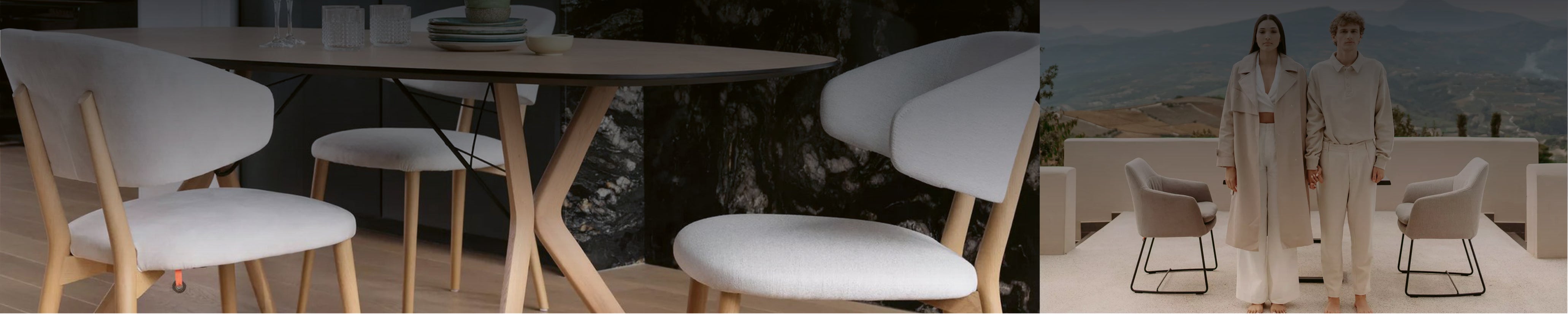 Paar in beiger Kleidung mit Mobitec-Lounge-Stühlen auf minimalistischer Terrasse mit Panoramablick – Outdoor-Lifestyle trifft Designkomfort.