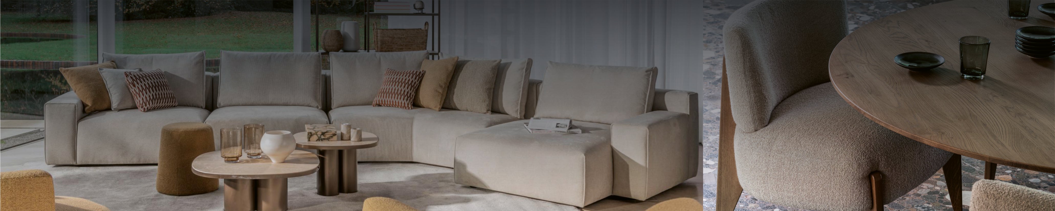 Passe Partout Designsofa und Essgruppe – modulare Sitzlandschaft mit Esstisch und Bouclé-Stühlen in modernem Wohnambiente