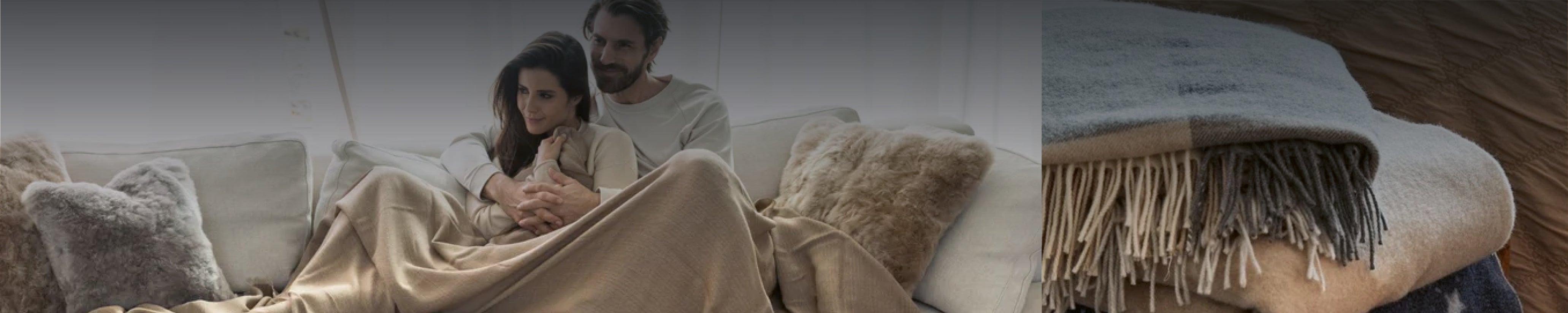 Detailaufnahme edler Wolldecken mit Fransen – weiche Plaids aus Merinowolle oder Lammwolle, perfekt für entspannte Stunden zu Hause