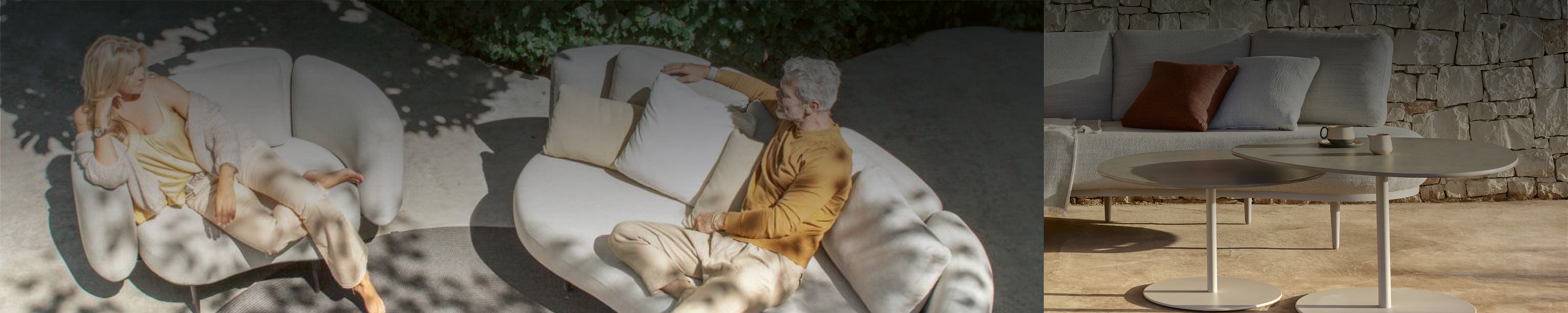 Elegante Royal Botania Organix Lounge mit geschwungenen Sofas und Beistelltischen im Freien.