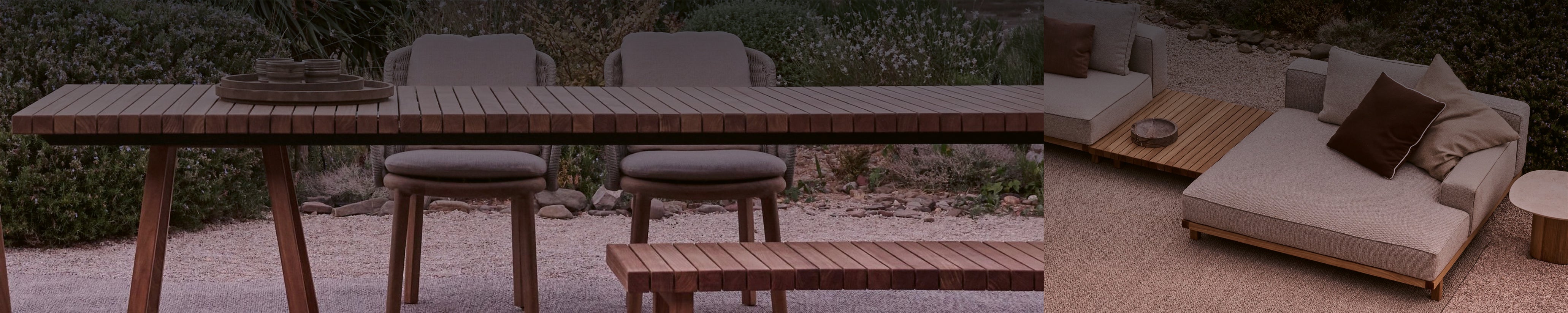 Vis à Vis Dining von Tribù mit langem Holztisch und gepolsterten Outdoor-Stühlen im Außenbereich