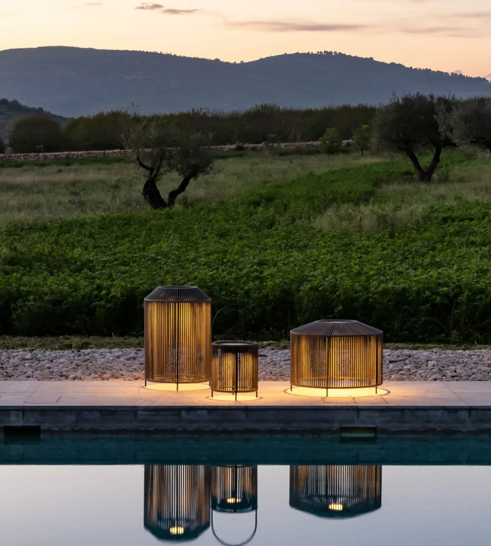 Vincent Sheppard MORA Outdoor Lamp Set in Fossil Gray in the Garden