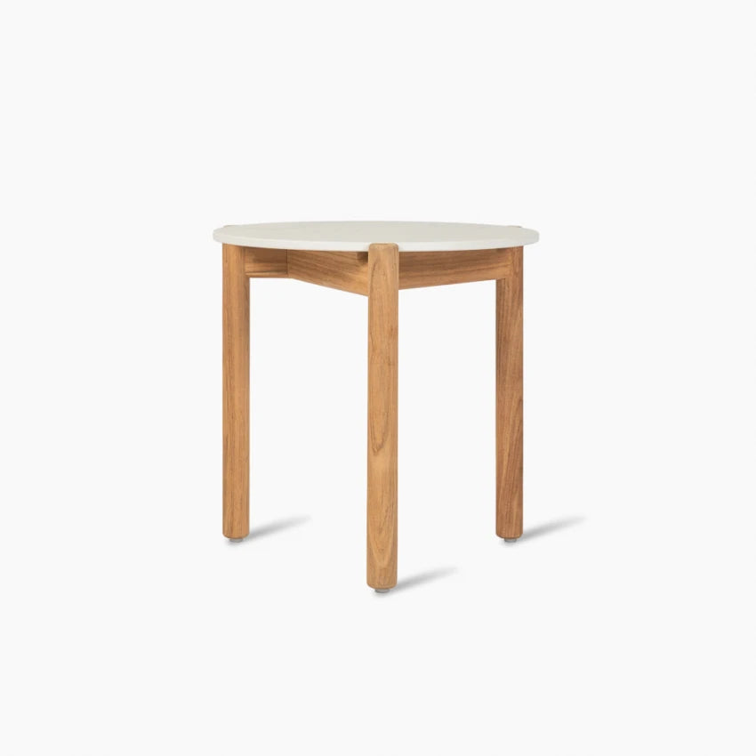 Vincent Sheppard ODA Round Side Table with a teak frame and a ceramic top in the color Portland
