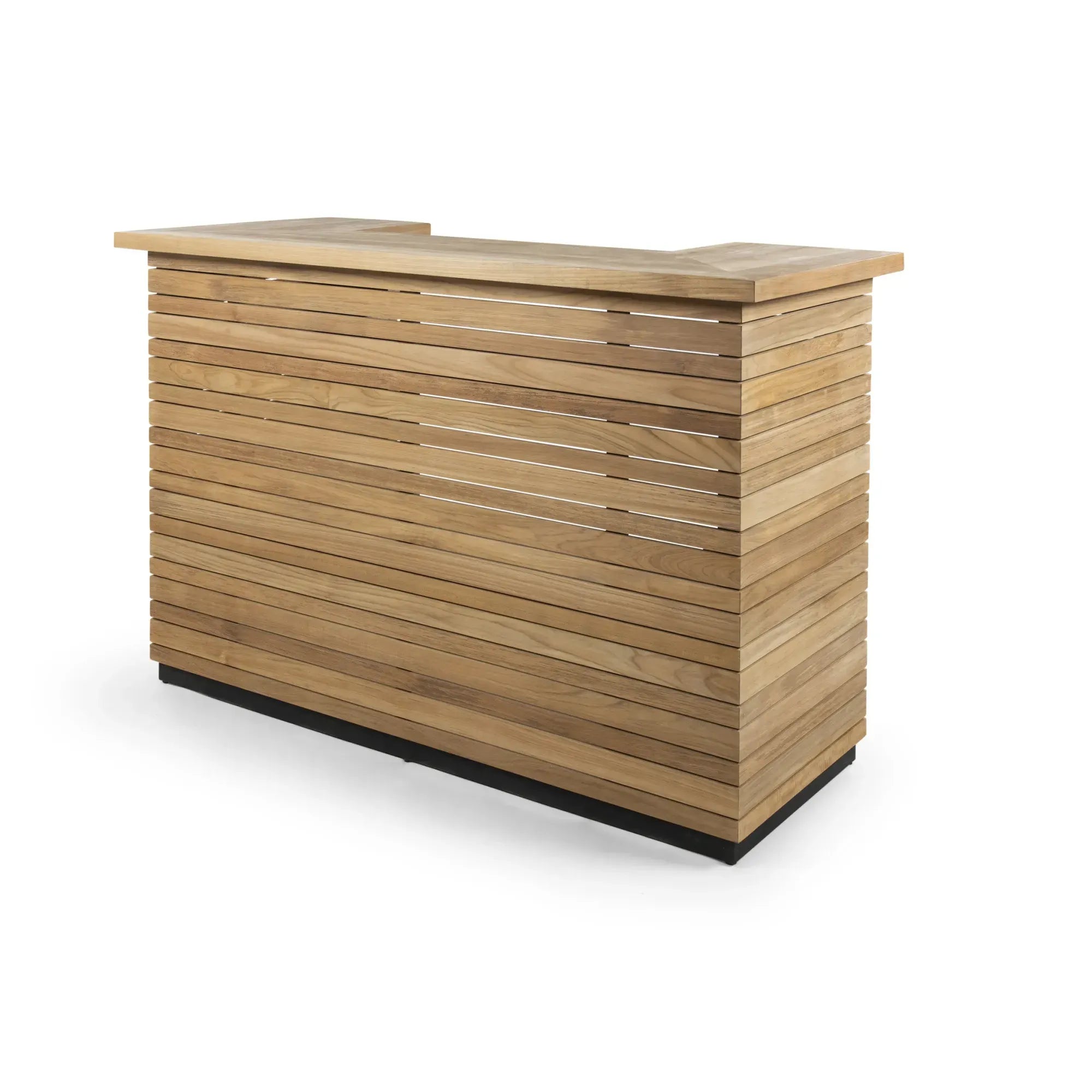 Frontansicht der Betaco Bar aus A-Grade-Teak mit Aluminium-Fußstütze – Maße 170x64x110cm