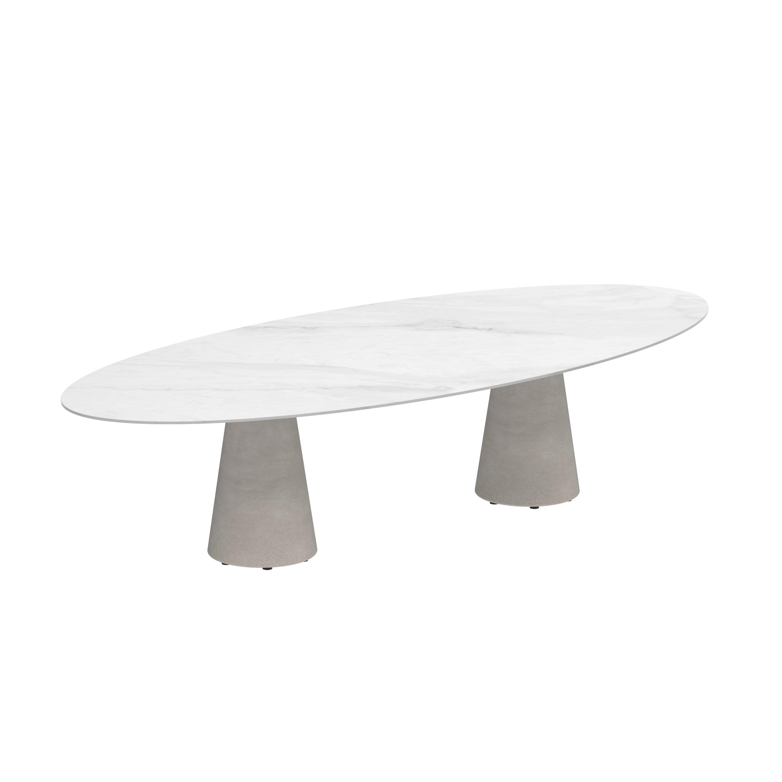CONIX Esstisch Ellipse 320 cm mit Base in Cement Grey Concrete und Bianco Statuario Platte – luxuriöser Marmor-Look trifft auf massives Betonfundament