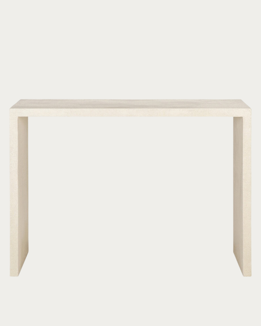 Console Ethnicraft ELEMENTS en béton avec finition en microciment blanc cassé et contours légèrement arrondis, vue de face.