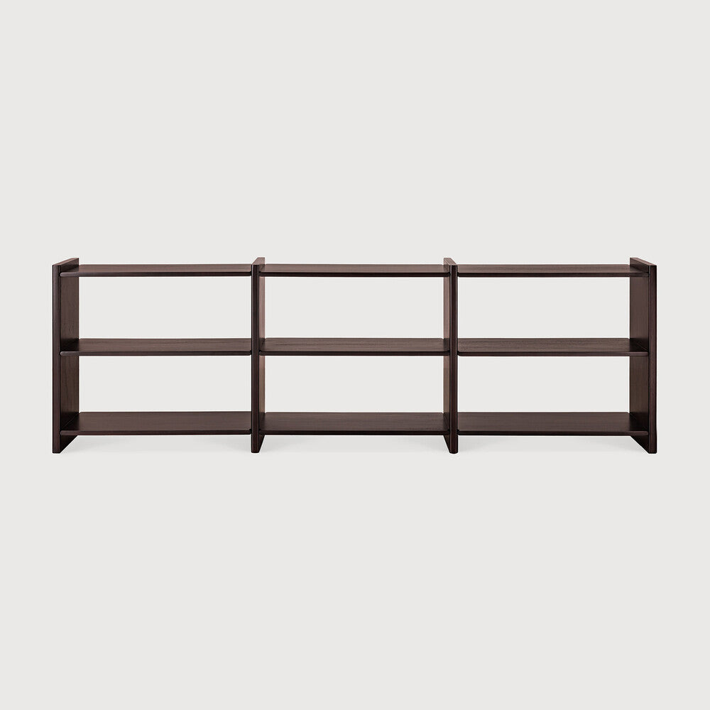Ethnicraft MORTISE shelf made of solid mahogany in Rose Brown, featuring an open-shelf design and visible wood joints when viewed from the front.