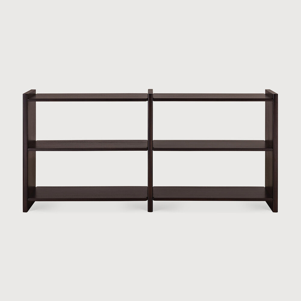 Ethnicraft MORTISE shelf made of solid mahogany in Rose Brown, featuring an open-shelf design and visible wood joints when viewed from the front.
