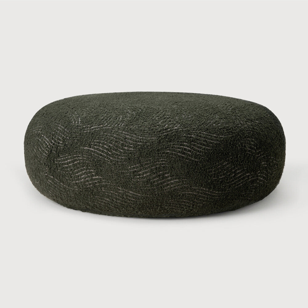 Ethnicraft ORB ottoman with a "Forest" fabric cover, a low silhouette, and an organically rounded shape as seen from the front.