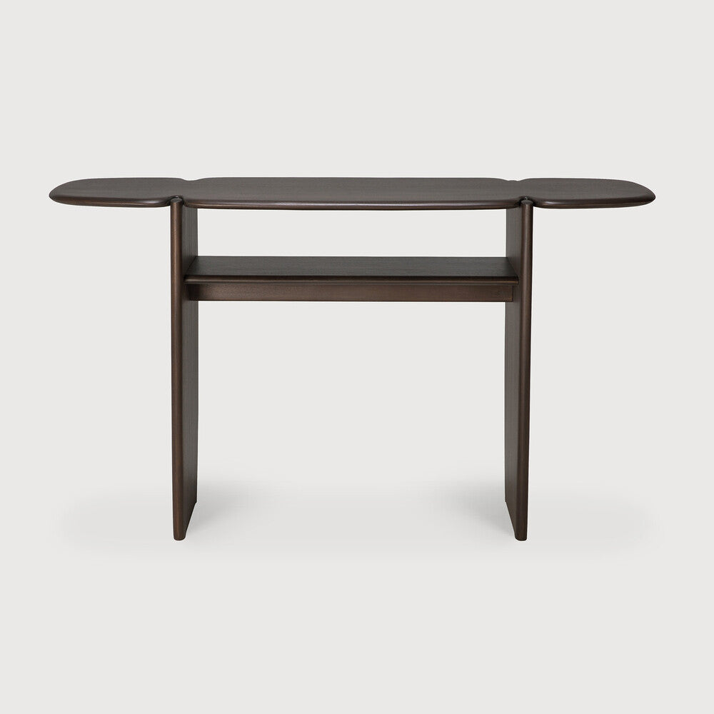 Ethnicraft PI console made of solid mahogany in dark brown, featuring organic wood contours as seen from the front.