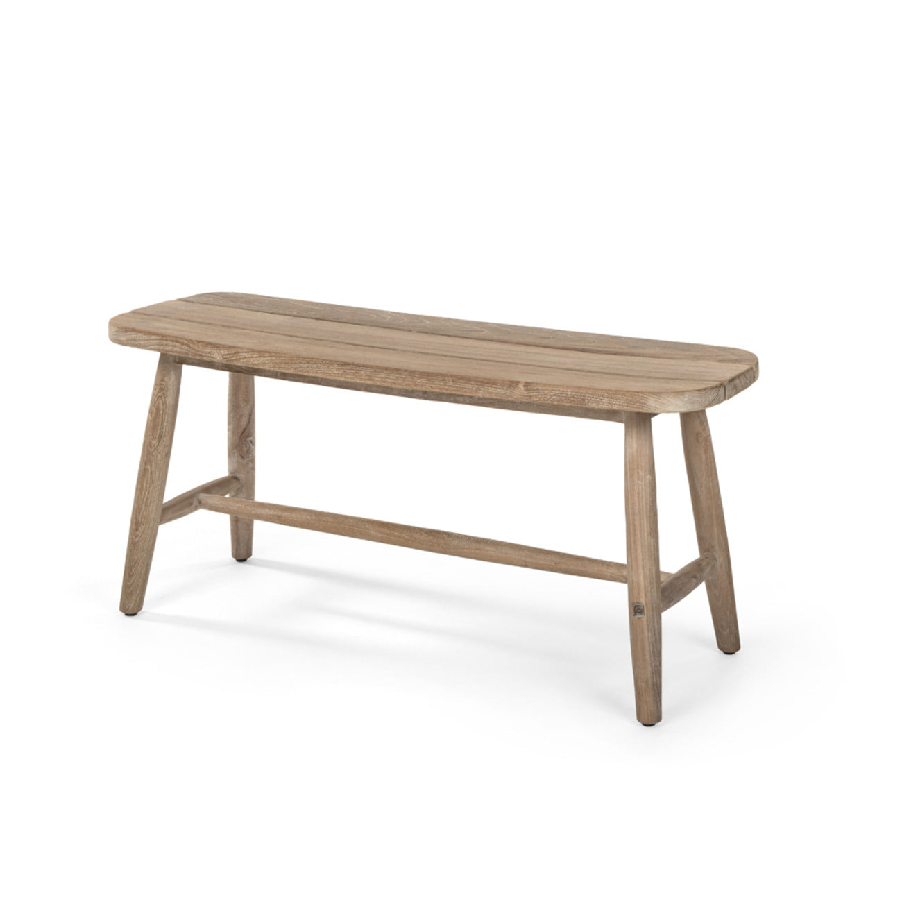 Faye bench by Gommaire - freestanding, handcrafted from recycled teak with a clear shape and natural oiled surface