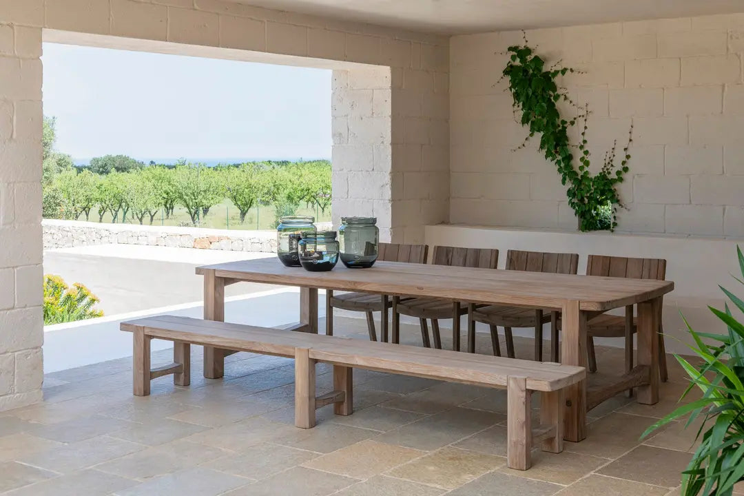 Garden furniture combination from Gommaire: Jacoba bench made of recycled teak with matching outdoor dining table and Charly chairs - stylish lounge atmosphere in an organic living look