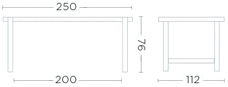 Maßzeichnung des Gommaire Gartentischs JACOBA 250x112 cm – technische Darstellung mit präzisen Maßen für Planung von Outdoor-Essbereichen