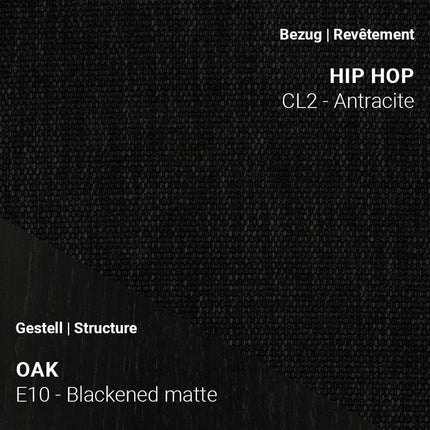 Mobitec Stuhl KNUT C0110 mit Stoff Hip Hop CL2 Anthracite und Eiche Blackened Matte – tiefes Anthrazit mit markanter Holzstruktur