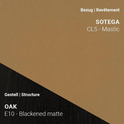Mobitec Stuhl KNUT C0214 mit Stoff Sotega CL5 Mastic und Eiche Blackened Matte – dezentes Beige auf dunklem Holzrahmen