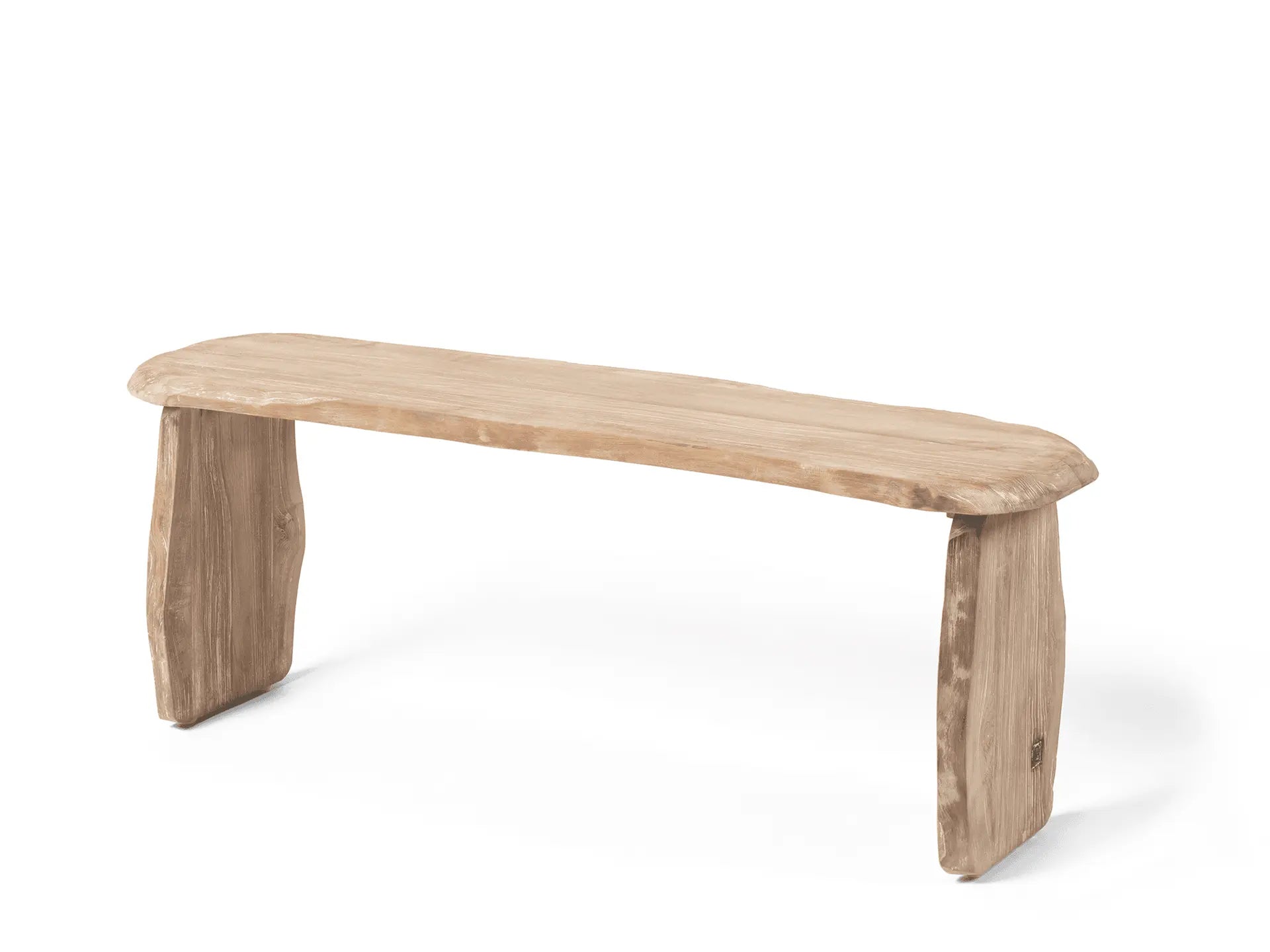 Side view of the Pebble garden bench - softly rounded lines, inspired by natural stones, handcrafted from recycled teak
