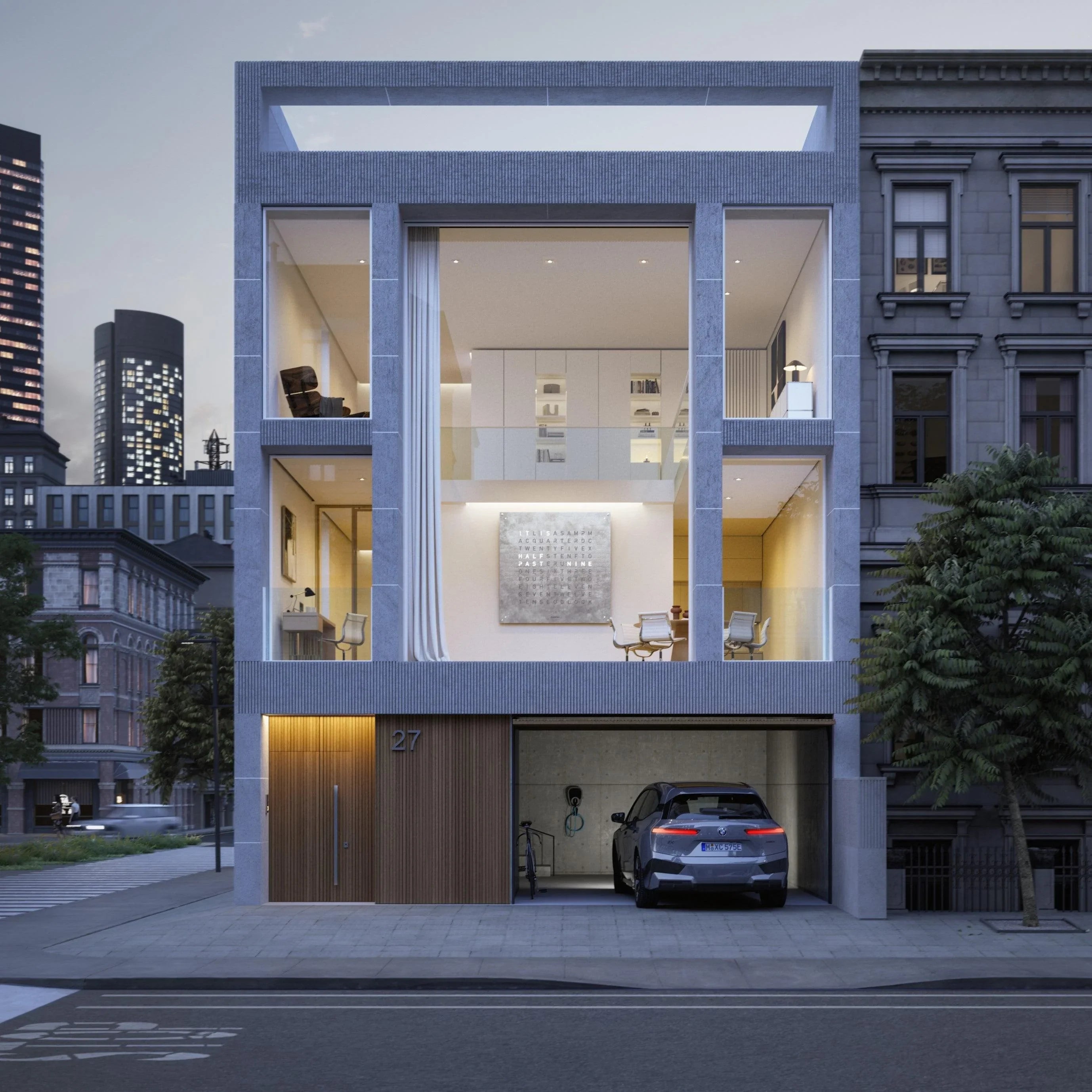 Außenansicht auf die QLOCKTWO EARTH 180 PLATINUM durch ein großzügiges Fenster – die monumentale Wanduhr als visuelles Highlight in der modernen Luxusarchitektur mit Galeriecharakter