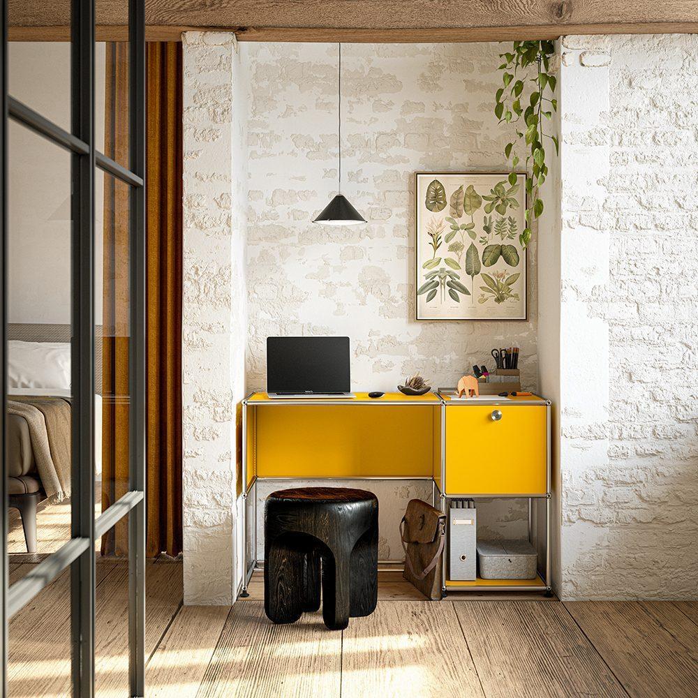 USM Haller Schreibtisch B21 in leuchtendem Goldgelb – inspirierender Arbeitsplatz in modernem Interior-Design mit Farbakzent und klarem Stil für Büro oder Homeoffice