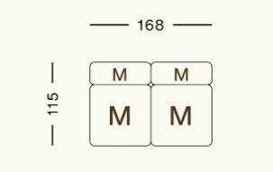 Maßzeichnung des modularen Sofas Vetsak SET 01 M – 2D-Ansicht mit Abmessungen in Zentimetern, ideal zur Raumplanung