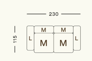 Maßbild des modularen Sofas Vetsak SET 02 M – technische Zeichnung mit Breite, Tiefe, Höhe und Sitztiefe zur perfekten Raumplanung