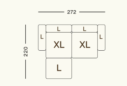 Maßzeichnung des modularen Sofas Vetsak SET 03 – detaillierte Ansicht mit Breite, Tiefe, Höhe und Sitztiefe zur optimalen Wohnraumplanung