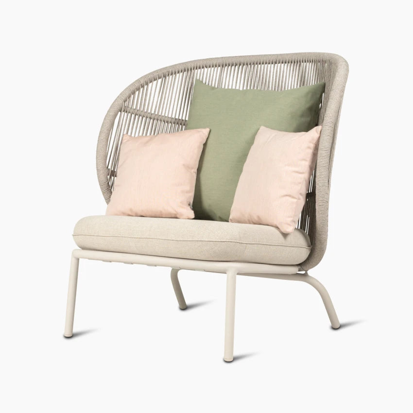 Vincent Sheppard KODO COCOON Garden Armchair in Dune White with Polypropylene Rope and Decorative Pillows