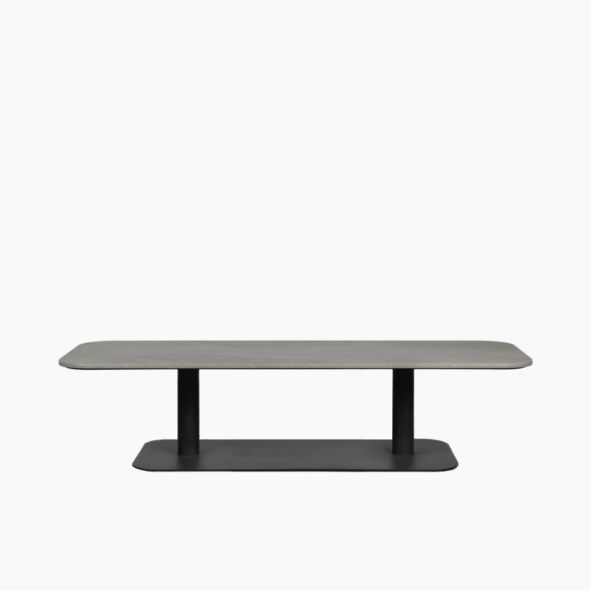 Vincent Sheppard KODO rectangular coffee table with a powder-coated aluminum frame in Fossil Grey and a ceramic top in Flint.