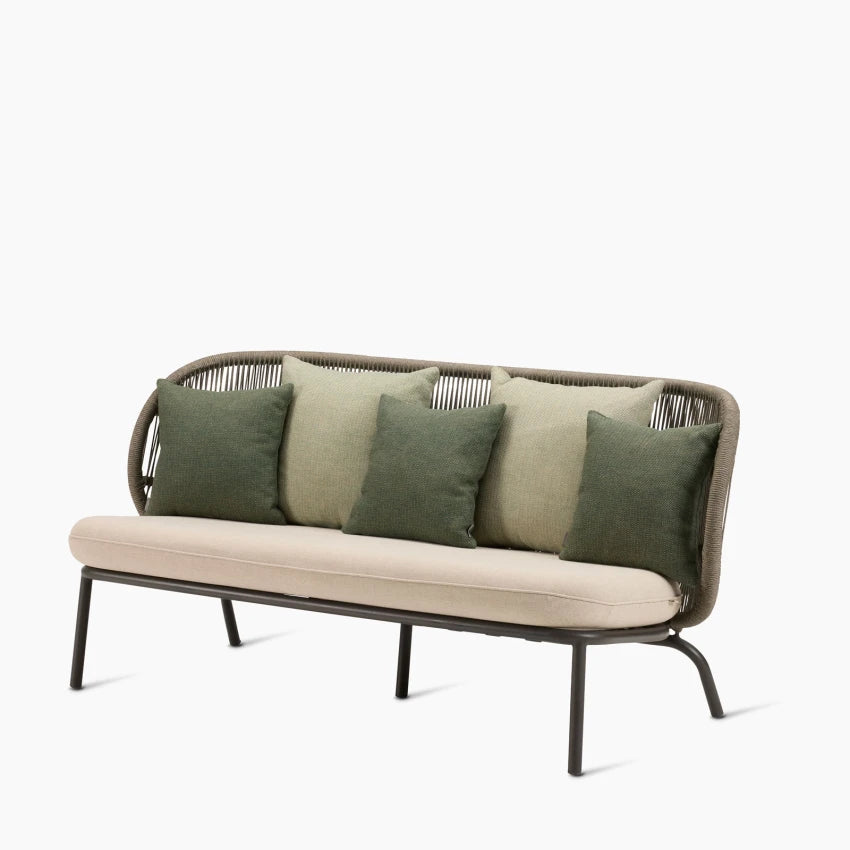 Vincent Sheppard KODO Garden Sofa in Fossil Grey with Pine Green and Olive Green Cushions